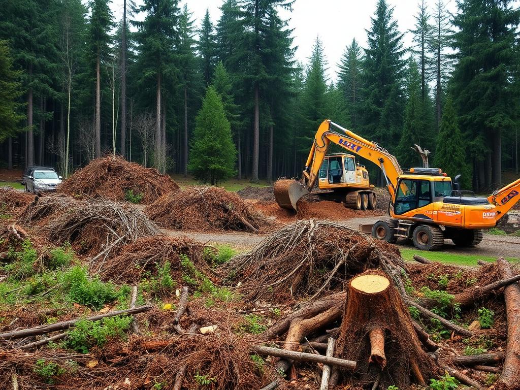 Heavy machinery clearing brush and stumps from a wooded lot near Renton