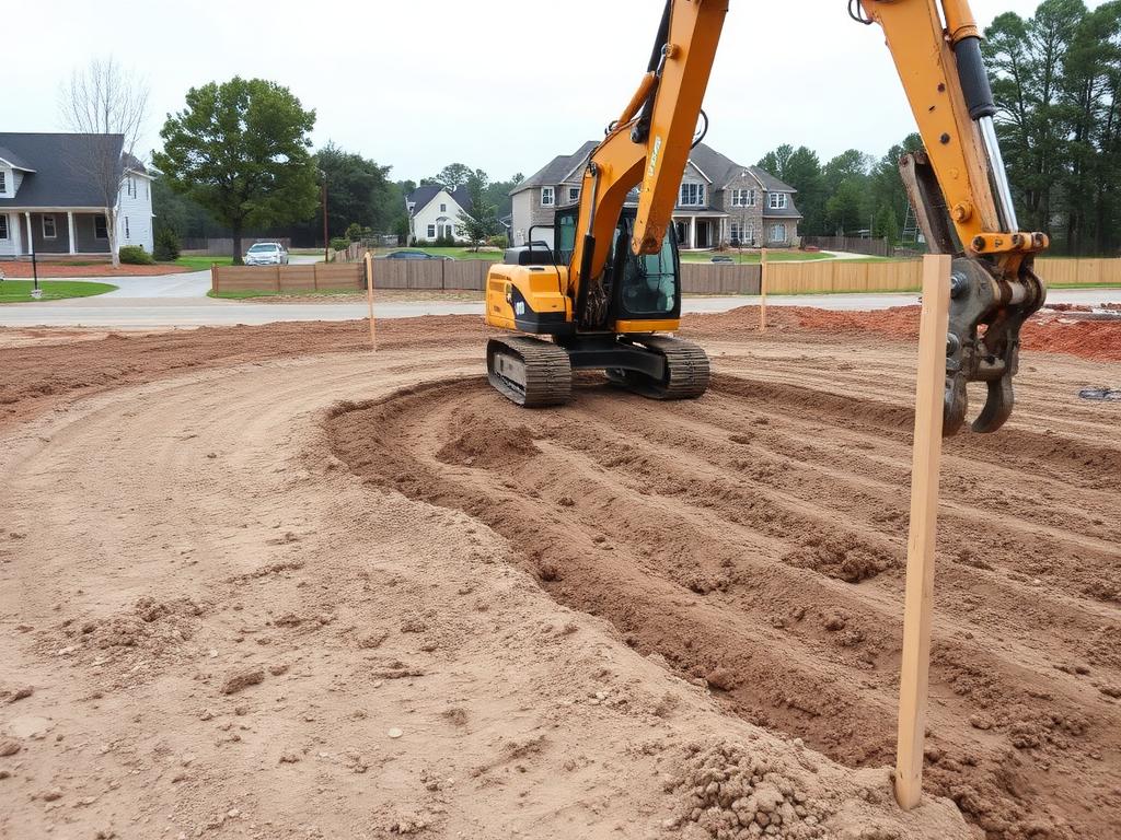 Excavator grading a residential building pad on a King County lot