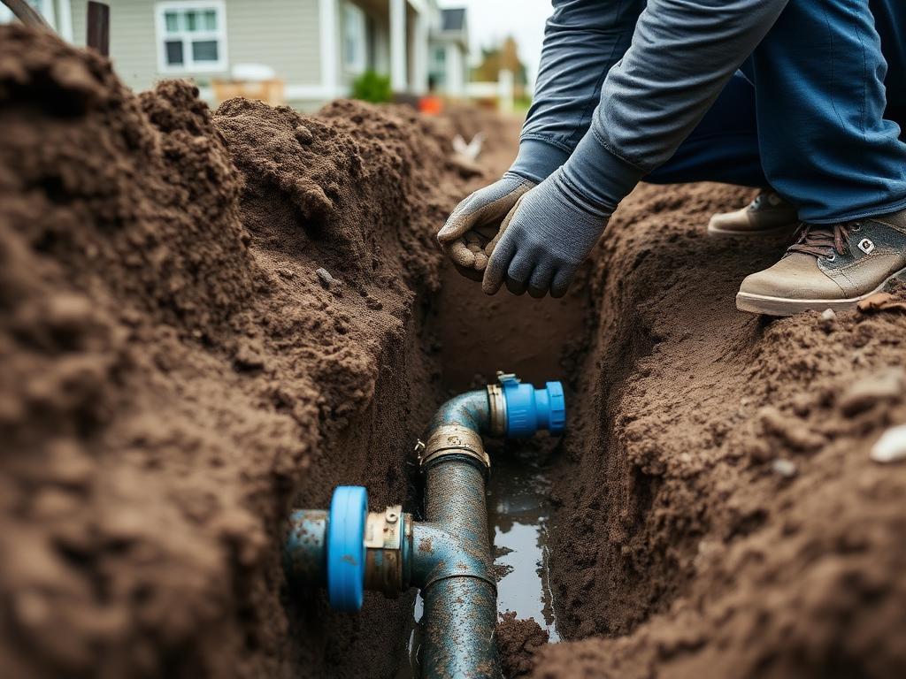 Contractor repairing an exposed residential water main in a trench in Renton