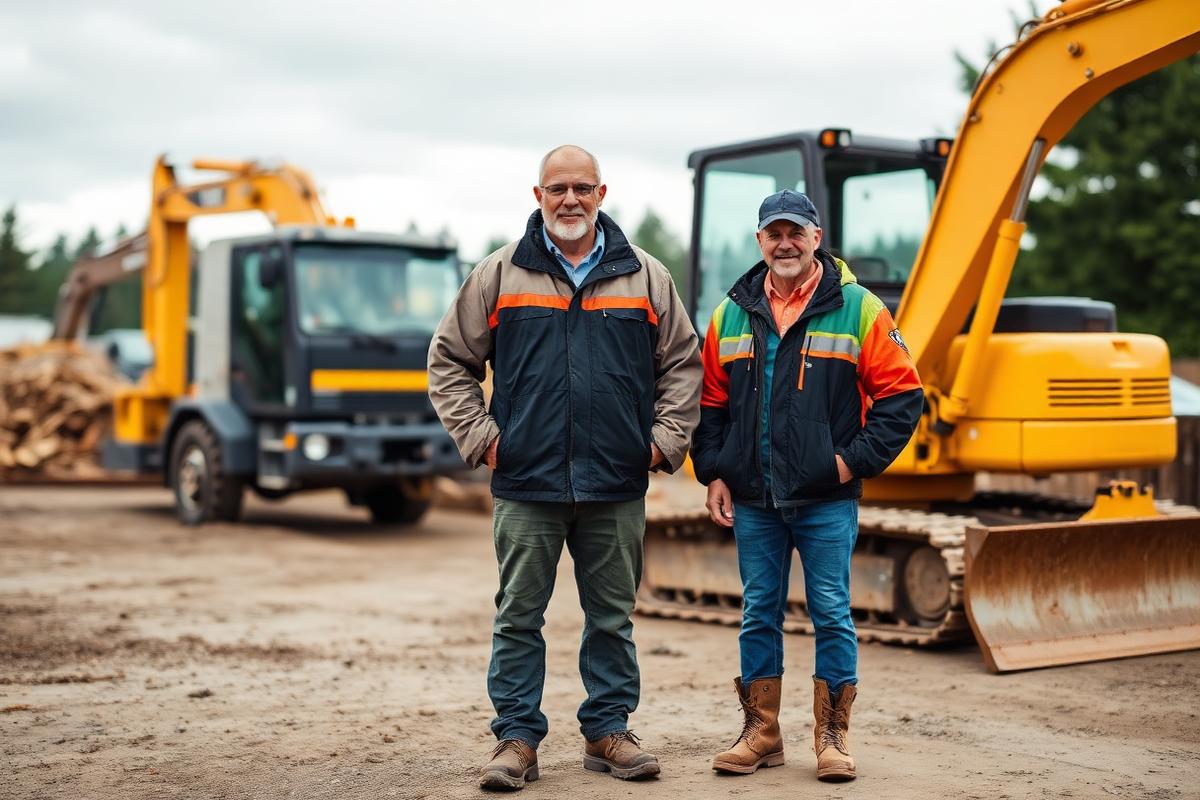 Doug and Mike Margullis standing in front of their excavator and work truck in Renton, WA